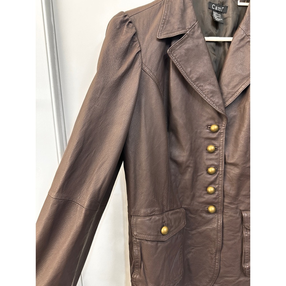 Cami Brown Leather Blazer Jacket 16 Puff Sleeve Brass Buttons Steampunk - Picture 3 of 11
